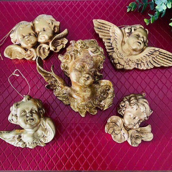 Vintage Gold Resin and Porcelain Cherub Ornaments Lot of 5 - Picture 1 of 7